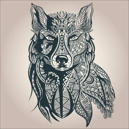 tatouage Ornement prédateur vintage loup, tatouage noir et blanc, le style rétro décoratif